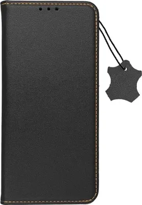 A black leather flip phone case is shown closed, with a small leather tag attached by a string.