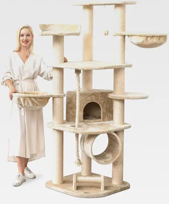 Produktbild von Kratzbaum für Katzen groß 181 cm hoch - Stabiler Kletterbaum Katzenbaum, Dicke Stämme mit 11 cm, Haus & Spieltunnel, große Liegemulden, Spietau mit Kratzrolle, Creme