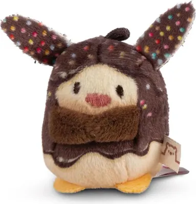 A small, plush toy bunny with a cupcake design.