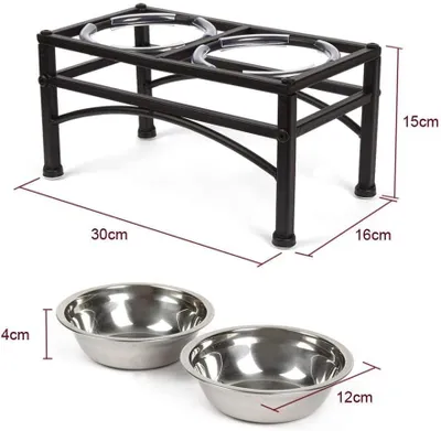 Produktbild von AKIS Doppel Futternapf Tierfutterstation mit Ständer, Größe S: Ständer 30x16x15 cm, 2 Schüsseln 12x4 cm, aus Edelstahl, Metall & Gummi, ergonomisch, spülmaschinengeeignet, antibakteriell, wasserdicht, robust, stabil, verdauungsfördernd, gelenkschonend, reisetauglich, klapperfrei, gummibestückt für Hunde, Katzen & Welpen