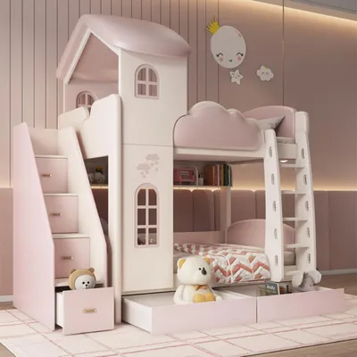 Produktbild von Hochbett Etagenbett mit Leiter, Matratzen und Schubladen – Kinderbett, Kinderzimmer Möbel, Stufen mit Stauraum Rosa 1500*1900mm