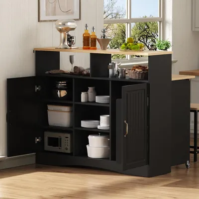 Image de Îlot de cuisine sur roulettes avec table rabattable et 2 tabourets, armoire de cuisine mobile noire, buffet avec espace de rangement et étagères réglables, largeur 110 cm