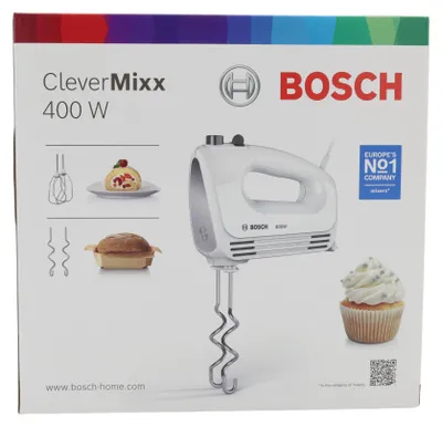 Produktbild von Bosch MFQ24200, Handmixer, Gebürsteter Stahl, Weiß, Schlagen, Kneten, Mixen, Rührer, Tasten, Leiter, Metall, Kunststoff, 400 W