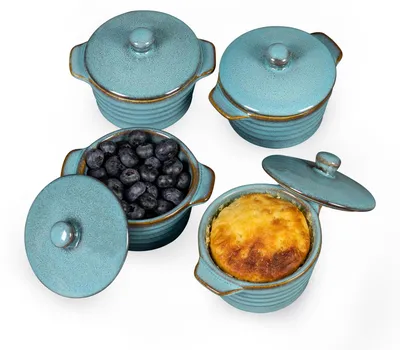 Productafbeelding van Ovenbestendige schaaltjes van 250 ml - Set van 4 - Mini cocottes - Soufflévormen met deksel - Ideaal voor bijgerechten - Keramiek met handgrepen