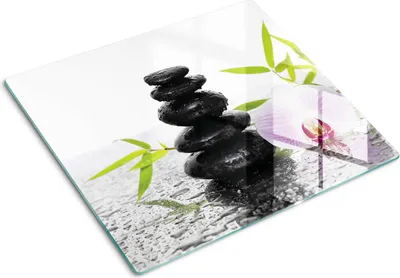 Obrázek produktu pro Kryt varné desky – Kryt na indukční desku – Ochranná skleněná deska – 60x52 cm – Skleněné ochranné desky na sporák – Odolná proti poškrábání a nárazům – Snadné čištění – Hygienická – Tvrzené sklo – Protiskluzové nožičky – Kameny a orchidej