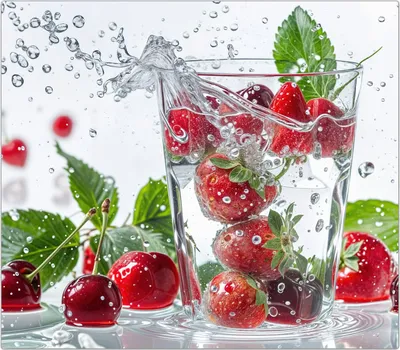Produktbild von Spritzschutz Herdabdeckplatte Schneidebrett aus Glas Erdbeeren und Kirschen 1-Teilig (60x52cm)
