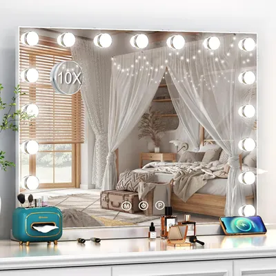 Produktbild von Schminkspiegel mit Beleuchtung, Hollywood-Spiegel mit 18 Lampen, 3 Lichtfarben, Kosmetikspiegel mit USB und 10x Lupe, Wand- und Tischspiegel
