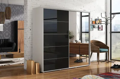 Zdjęcie produktu dla Szafa A11 biała z przesuwnymi drzwiami ze szkła i lustrem – 200 x 62 x 245 cm