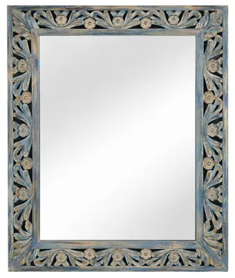 Productafbeelding van Spiegel Kirpal, wandmodel, met een blauw gebeitelde houten lijst in oosterse stijl, 79 cm