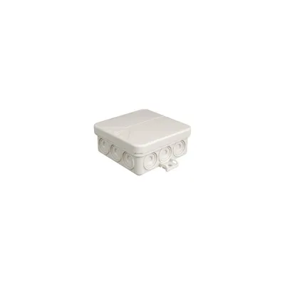 A white electrical junction box with multiple circular entry points on its sides, presented on a white background.