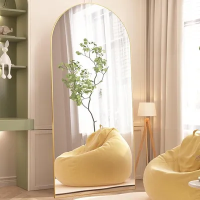 Produktbild von 180 x 64 cm gewölbter Bodenspiegel, Gold Ganzkörper-Wandspiegel mit Aluminiumrahmen, gewölbter Oberseite, zum Aufhängen oder Anlehnen, Ankleidespiegel für Schlafzimmer, Wohnzimmer, Gold