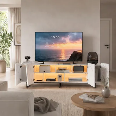 Imagen del producto de Mueble de TV INONEFT con iluminación LED, mueble para televisión con espacio de almacenamiento abierto y cerrado, ideal para salón o dormitorio, dimensiones: 220 x 34 x 68 cm, color blanco