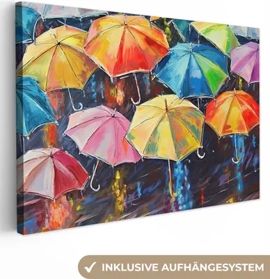 Produktbild von MuchoWow® - Leinwandbilder - Regenschirme - Malerei - Kunst - Regenbogen, Wandbild, Wanddeko Bilder Wohnzimmer, 60x40 cm