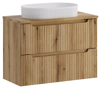 Produktbild von Badezimmer Waschtisch mit 80 cm Breite in Eiche mit gerillter Front & Baumkantenoptik, 2 Schubladen - NEWPORT-56-EVOKE