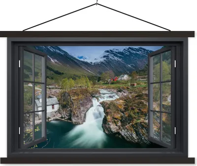 Produktbild von MuchoWow® Textilposter Aussicht - Berg - Haus 120x80 cm mit schwarzem Rahmen - Wanddeko