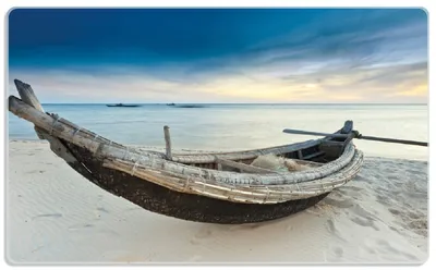Produktbild von Wallario Frühstücksbrettchen aus Glas, je 14 x 23 cm, mit rutschfesten Füßen, Motiv Fischerboot am Strand mit Sonnenuntergang