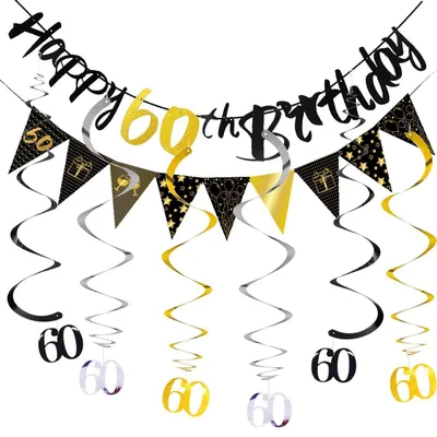Immagine prodotto di Set di decorazioni per il 60° compleanno: bandierine nere e dorate, ghirlande, festoni a spirale, serpentini