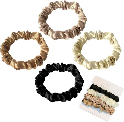 Produktbild von Haargummis aus Seide, 4 Satin-Haargummis, kleine Haargummis in 4 Farben, Haarschmuck für Mädchen und Damen