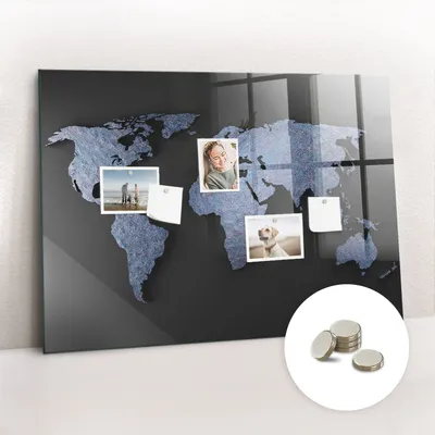 Obrázok produktu pre Magnetická tabuľa na stenu - Memo Tabuľa Sklenená - vrátane 5 magnetov - 100x70 cm - Mapa sveta 3D