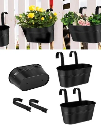 Produktbild von Famanu Hängende Pflanzenkübel 27,3 cm - 3 Stück schwarze Metall-Eimer - abnehmbare Haken und Drainagelöcher