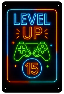 Produktbild von Blechschild 20x30cm Level Up 15 Gaming Geburtstag Neon Controller Motiv Metallschild Gamer Deko Kinderzimmer Geschenk AstraDesign