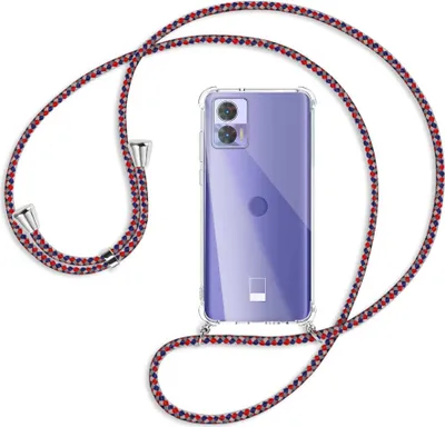 Produktbild von Handykette Backcover-Schutzhülle mit Band (Metall silberfarben) für Motorola Edge 30 Neo (Edge 30 Lite) - silber/blau/rot