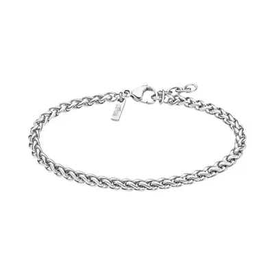 A silver-colored stainless steel bracelet with a wheat chain pattern and a small rectangular tag with a logo.