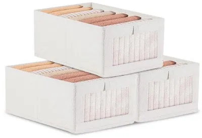 Productafbeelding van Unyqoos® 3-delige set inklapbare opbergboxen van stof met kijkvenster, katoen-linnen, 40 x 27 x 16,5 cm – geschikt voor kleding, speelgoed en huishoudelijke artikelen