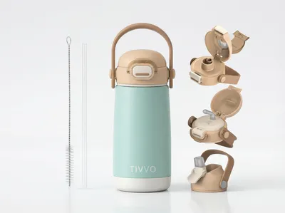Produktbild von TIVVO Kinder Trinkflasche Edelstahl 420ml – Thermo Flasche mit 3 Verschlüssen, Auslaufsicher & BPA-Frei, Grün
