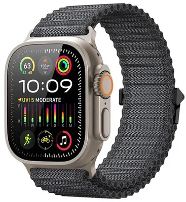 Produktbild von Stravo Outdoor-Nylonarmband für Apple Watch 44/45/46/49 mm Serie 4-11, SE 1/2/3 & Ultra 1/2/3 – Trail Loop, verstellbar – Schwarz