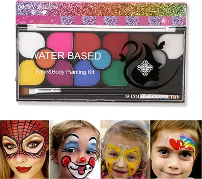 Produktbild von súprava 15 farieb na tvár s 2 štetcami Bezpečná netoxická hypoalergénna farba na tvár pre deti a dospelých Halloween Vianočný make-up