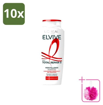 Imagen del producto de 10 unidades de champú L'Oréal Paris Elvive Total Repair 5, 250 ml cada uno. Pack ahorro