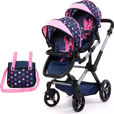 Produktbild von Bayer Design 26716AA Kočík pre bábiku Twin Xeo Star, kočík pre dvojičky, súrodenecký kočík, nastaviteľná výška, taška, modrá, ružová, hviezdičky