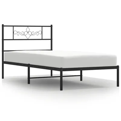 A black metal bed frame with a white mattress on a white background.