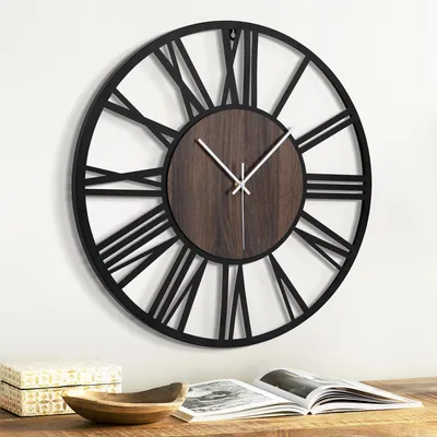 Image de Grande Horloge Murale en Bois et Métal - Horloge Silencieuse pour Salon