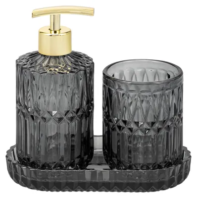 Produktbild von eluno Bad-Accessoires Set BURANO 3tlg. aus schwarzem Glas, 1x Seifenspender, 1x Becher und 1x Schale