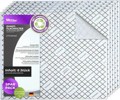Produktbild von McFilter | Fettfilter (6 Stück), Universal, 57 x 47cm mit Sättigungsindikator, Zubehör f. Dunstabzugshauben, extra speicherfähig, zuschneidbar