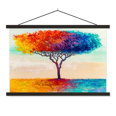 Produktbild von MuchoWow® Textilposter Gemälde - Ölfarbe - Baum - Regenbogen 60x40 cm mit schwarzem Rahmen - Hölzernes