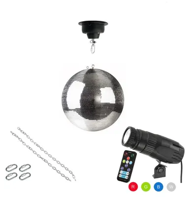 Produktbild von Spiegelkugel Komplettset 30cm mit Motor, 15W LED Pinspot (RGBW) und Montagematerial PREMIUM