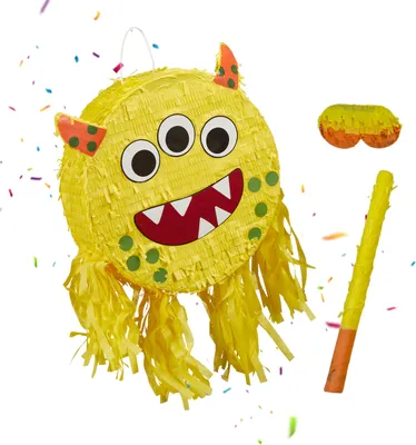 Immagine prodotto di Relaxdays Pinata Mostro, con bastone e maschera, pinata per feste per bambini, compleanni, da riempire, A x L x P: 35 x 34 x 9 cm, giallo