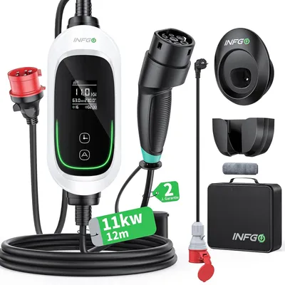 Immagine prodotto di Wallbox portatile da 11 kW, trifase, con cavo da 12 metri, regolabile da 6 a 16A, dotata di funzione timer e spina CEE