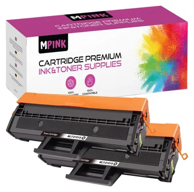 A box of MPINK ink and toner supplies with two toner cartridges in the foreground.