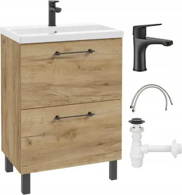 A bathroom vanity with a sink and faucet, along with plumbing accessories, displayed against a white background.