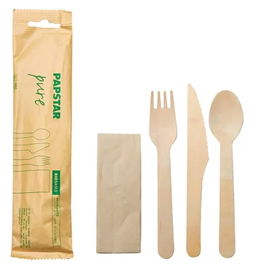 Produktbild von 30x Besteckset, Holz pure : Messer, Gabel, Löffel, Serviette in Papierbeutel