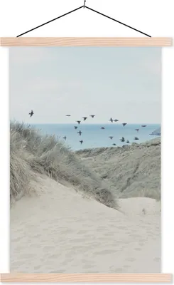 Produktbild von MuchoWow® Textilposter Strand - Vogel - Meer 120x180 cm mit holzfarbenen Rahmen - Textil-Plakat