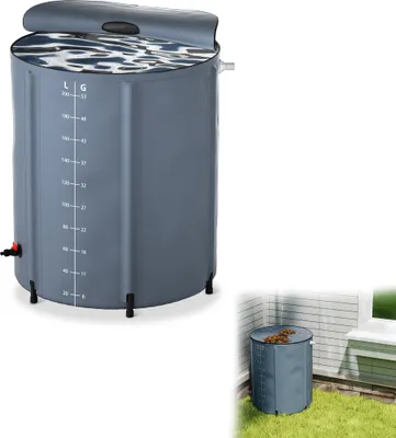 Produktbild von UISEBRT 200 Liter Faltbare Regentonne, Regenwassertonne, Regenwassertank, UV-stabil & witterungsbeständig, Mit Überlaufschutz & seitlicher Skala, Kompakt für Garten, Balkon, Camping, Dunkelgrau