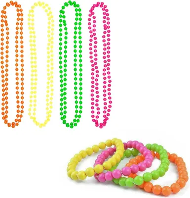 Image de Bobozhong Colliers de perles néon, Pack 8 Perles Collier Bracelets 80S Accessoires de déguisement Années Vintage Collier, Chaîne de fête, Mode