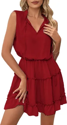 Produktbild von ASKSA Damen Ärmellos Kleid Tunikakleid Elegant Rüschen Sommer V-Ausschnitt Einfarbig Kleider, Rot, XL