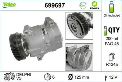 Produktbild von VALEO 699697 V5 Klimaanlage Klimakompressor PAG 46 R134a für RENAULT Scénic I (JA0/1, FA0) MEGANE I (BA0/1) MEGANE Scenic (JA0/1) MEGANE I Cabriolet