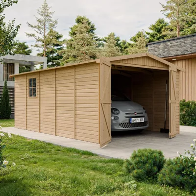 Obrázok produktu pre Drevená garáž 15 m² - Sklad s oknami - V222xL516xŠ324 cm - Konštrukcia z prírodných drevených panelov - Záhradná dielňa - Prístrešok na auto a náradie -TIMBELA M101